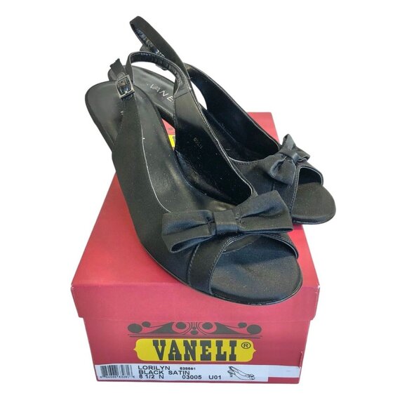 Van Eli Lorilyn Black Satin Womens 8.5 N Slingback Pumps Open Toe Bow Accent - Picture 1 of 11